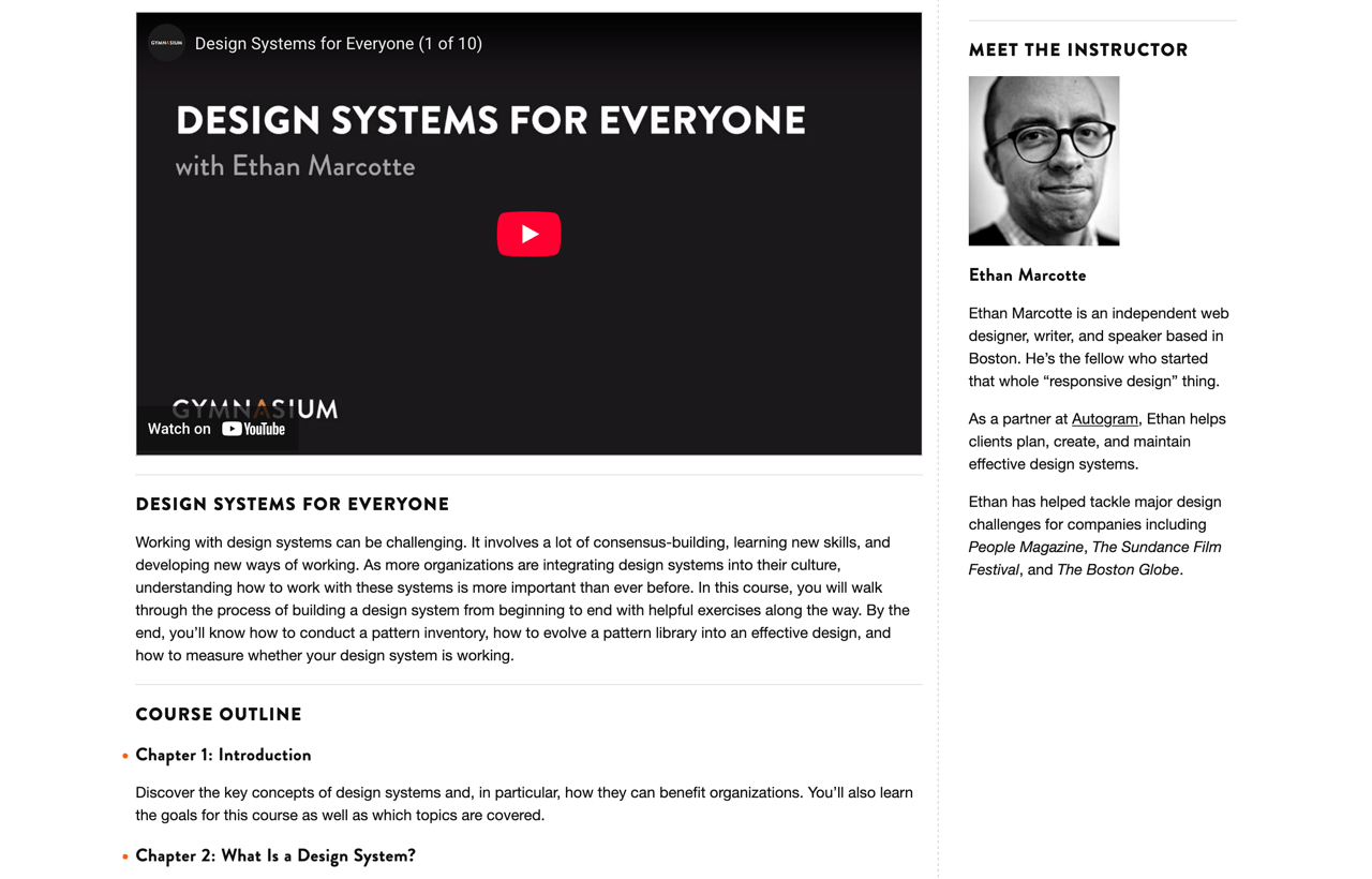 Gymnasium course page showing clean, single instructor bio layout with Ethan Marcotte's profile photo and description.