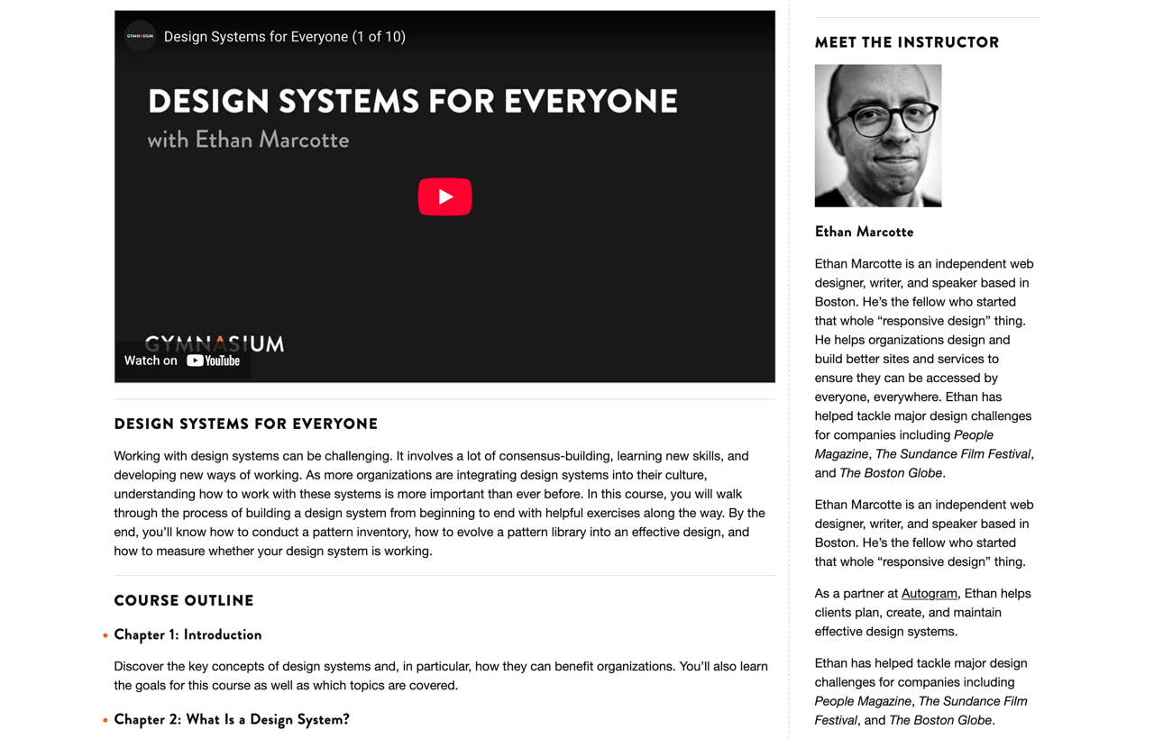 Gymnasium course page showing duplicated instructor bio with mixed short and long descriptions.
