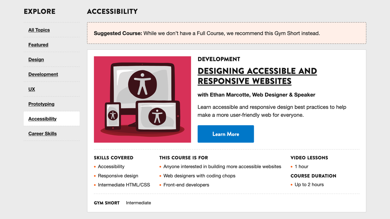 Gymnasium course catalog “Suggested Course” message and content card with conversational microcopy and course details guiding learners to alternatives.