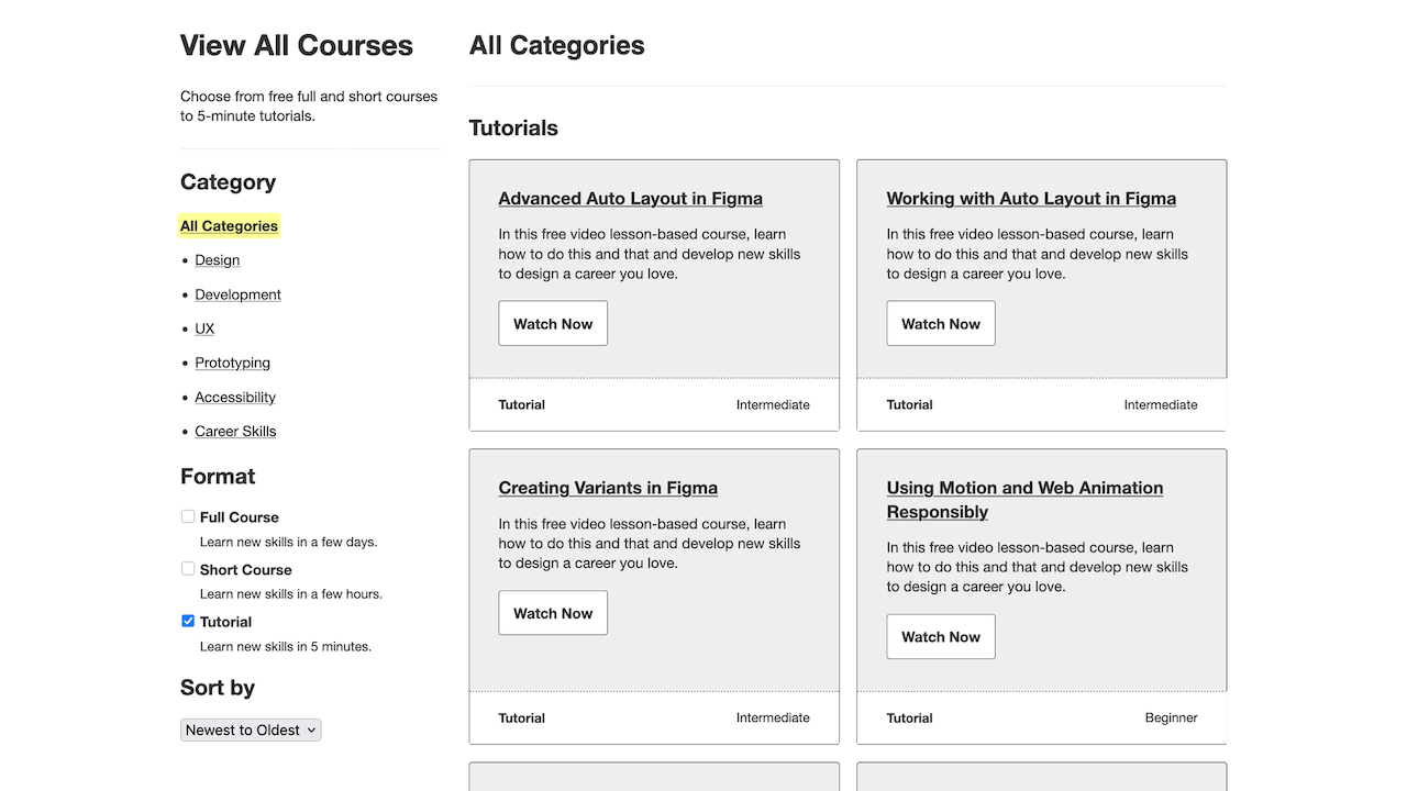 Prototype of Gymnasium course catalog redesign with sorting and filtering options.