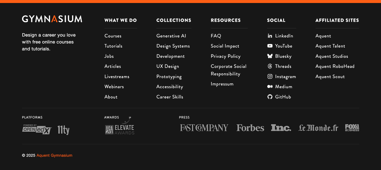 Post-Eleventy Gymnasium footer with unified platform, awards, and press links.