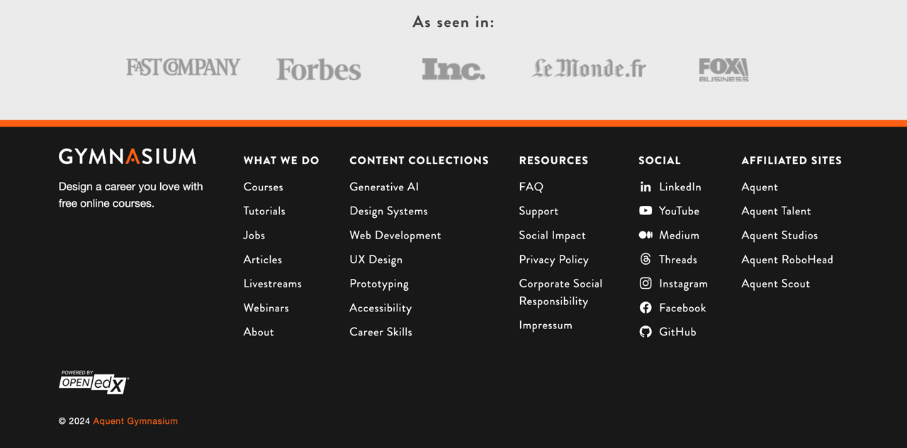 Pre-Eleventy Gymnasium “As Seen In” section above the footer.