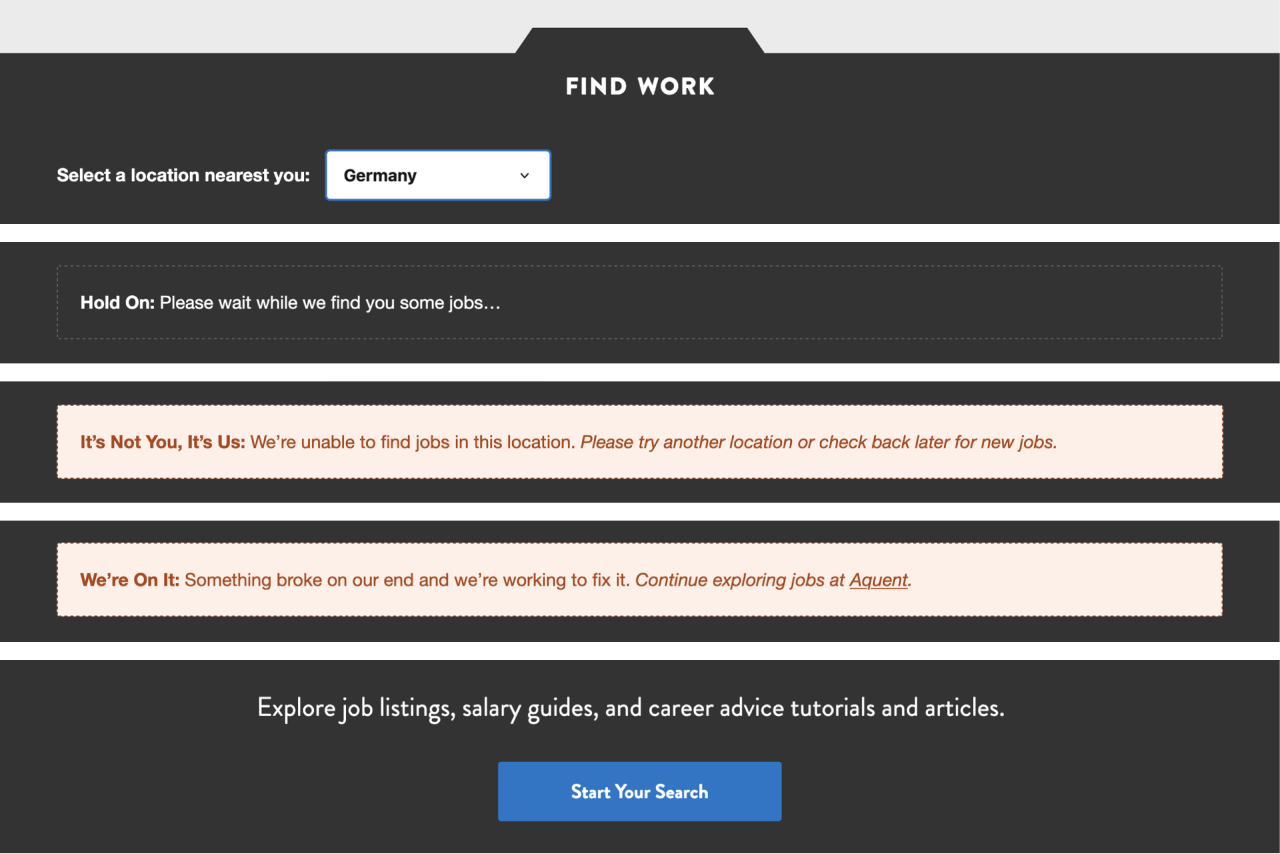 Gymnasium Jobs message states: loading, empty results, and error states with conversational microcopy.