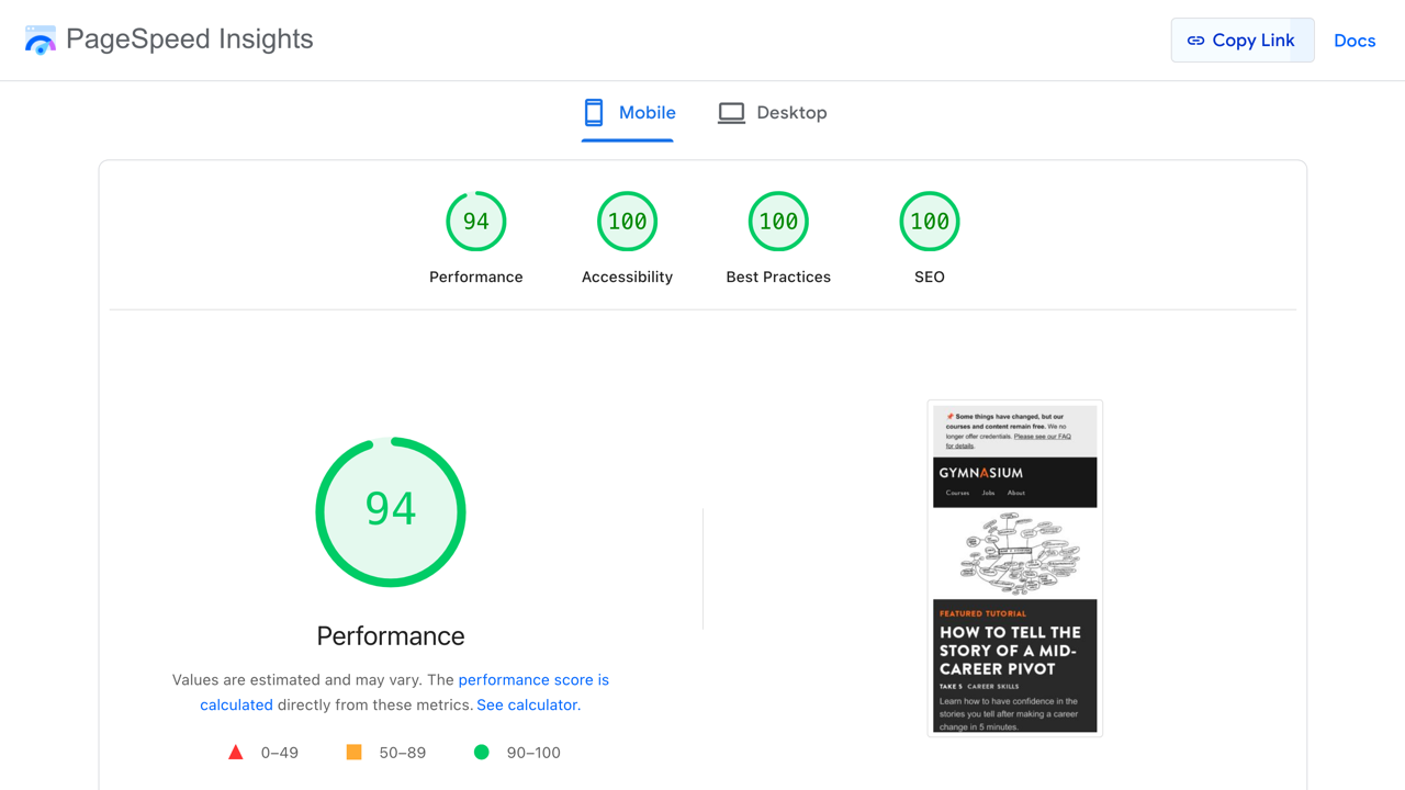 PageSpeed Insights: 94 Performance, 100 Accessibility, 100 Best Practices, 100 SEO.