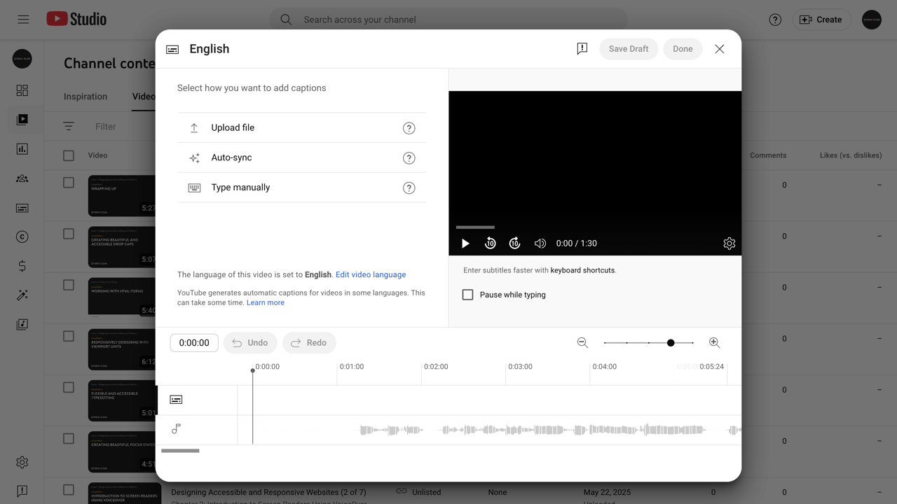 Before: YouTube Studio upload step without filename during subtitles upload.